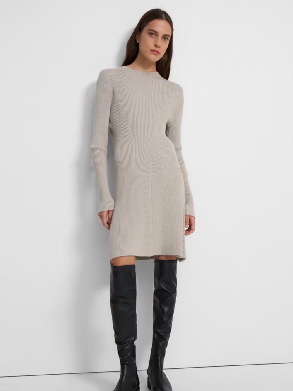Theory Moving Rib Dress Merino Wool Blend in Oatmeal Size Small